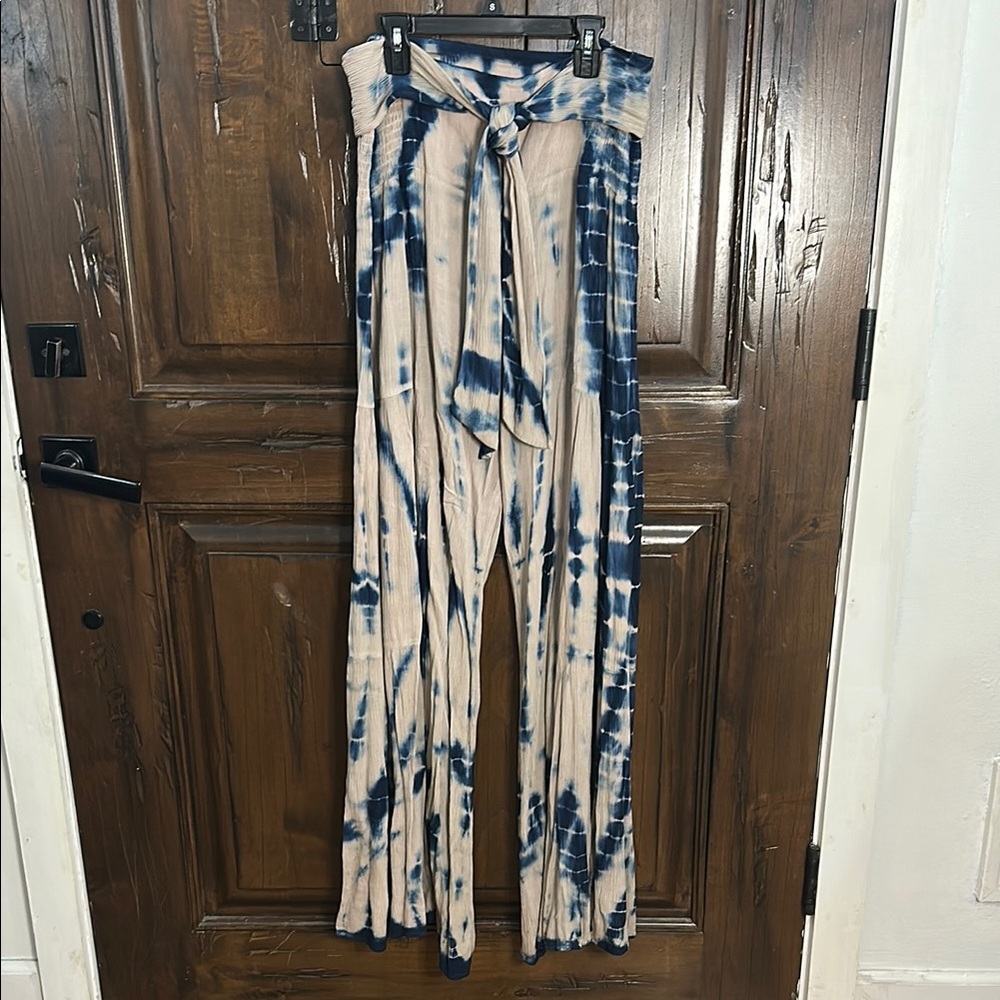 Blue and Cream Tie-Dye Wide-Leg Pants
